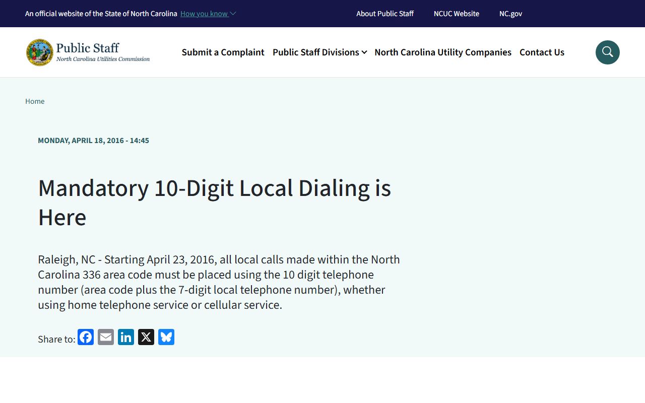 Winston-Salem phone area codes North Carolina Public Staff 336 743 dialing notice