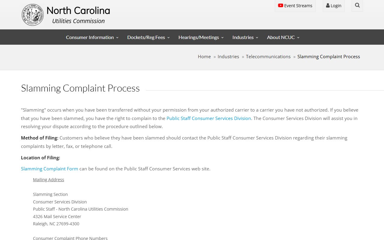 Winston-Salem phone codes NCUC slamming complaint information